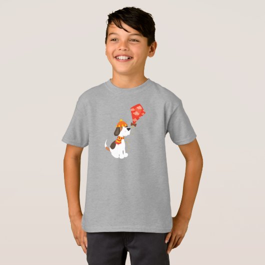 T-shirt Chien d'automne, Chien mignon, Chien avec cerf-vol (Devant entier)