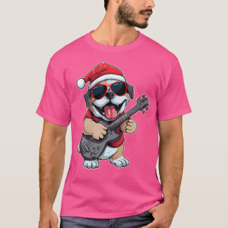 T-shirt Chien de boîte Jouer Guitare Santa Hat Xmas Chien 