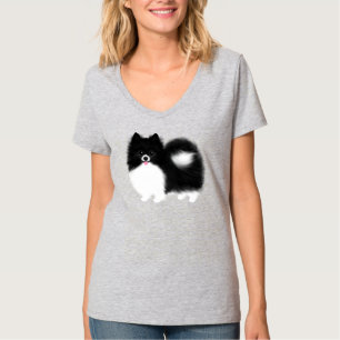 T-shirt Chien de caricatures de Poméranie noir et blanc