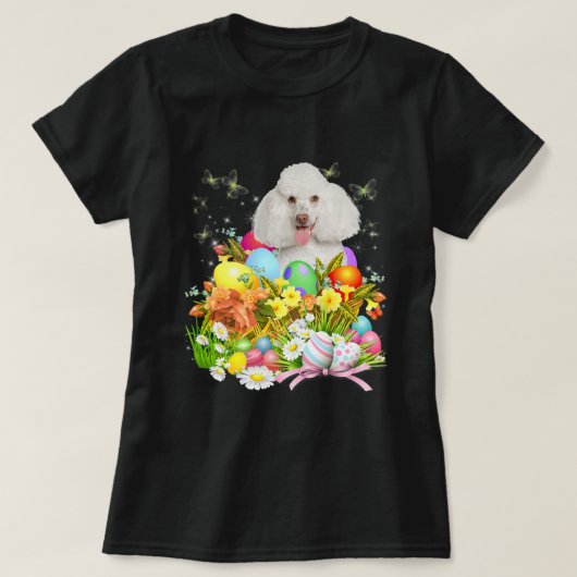 T-shirt Chien de lapin de caniche blanc avec oeufs de Pâqu (Design devant)