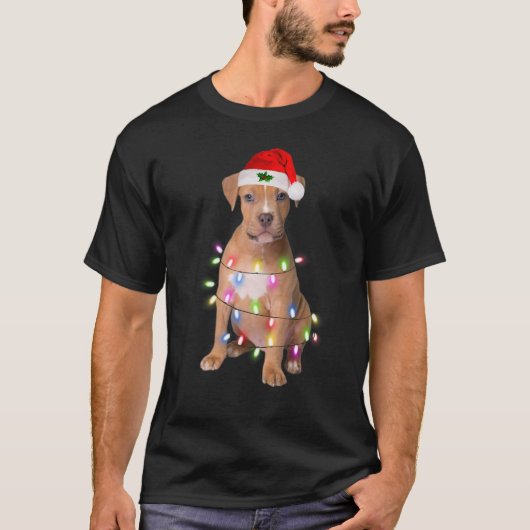 T-shirt Chien de taureau Père Noël Christmas Tree Lights J (Devant)