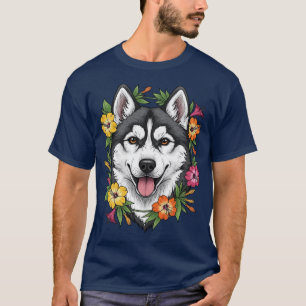 T-shirt Chien de Traîneau Husky Et Fleurs Colorées de Mira