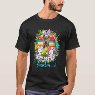 T-shirt Chien Dobermann dans panier de Pâques oeufs lapins