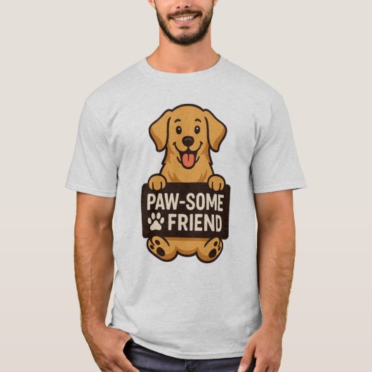 T-shirt Chien d'or tenant le signe "Paw-some Friend" (Devant)