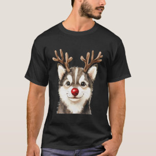 T-shirt Chien drôle de Noël aux lumières de rennes Husky s