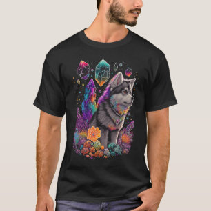 T-shirt Chien Esotérique Husky Crystals Sympa Illustration