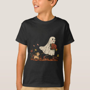T-shirt Chien fantôme vintage floral Halloween promenant