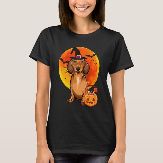T-shirt Chien Halloween Brown Dachshund Jack-o'-lantern Pu (Devant)