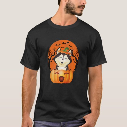 T-shirt Chien Halloween Sibérien Husky Jack-o'-lantern Pum (Devant)