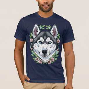 T-shirt Chien Husky Sibérien et fleurs de laurier des mont