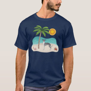 T-shirt Chien Iggy Bleu Et Blanc Sur Une Plage Tropicale D