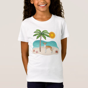 T-Shirt Chien Iggy Fauve Et Blanc Sur Une Plage Tropicale