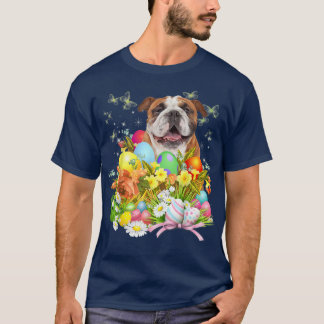 T-shirt Chien lapin de Bulldog anglais avec panier d'oeufs