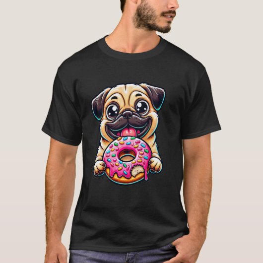 T-shirt Chien mignon pug mangeant un donut (Devant)