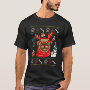 T-shirt Chien Mignon Pug Renne Bois de Cerf Noël Laid
