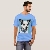 T-shirt Chien noir et blanc avec collier bleu (Devant entier)