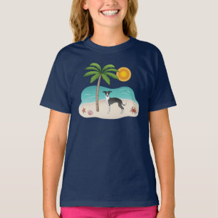 T-shirt Chien Noir Et Blanc Iggy À La Plage Tropicale D'Ét