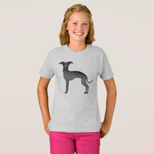 T-shirt Chien noir italien Greyhound mignon caricaturé (Devant entier)