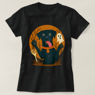 T-shirt Chien noir mignon effrayant avec fantôme
