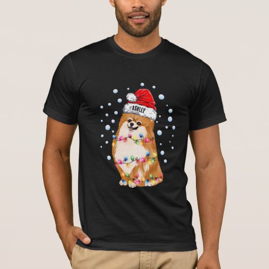 T-shirt Chien Pompe Poméranienne Lumière de Noël (Devant)
