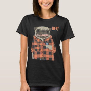 T-shirt Chien Pug Cool Vêtu de Flanelle et Tenant une Bois