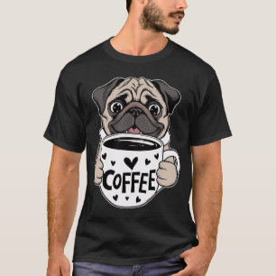 T-shirt Chien Pug mignon tenant une tasse de café, cœurs