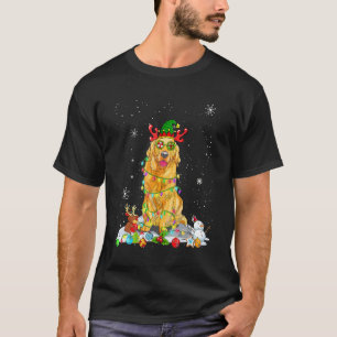 T-shirt Chien Retriever doré mignon chapeau d'elfe lumière