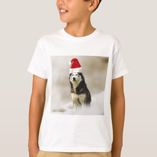 T-shirt Chien sibérien Husky avec chapeau de Santa Hat en (Devant)