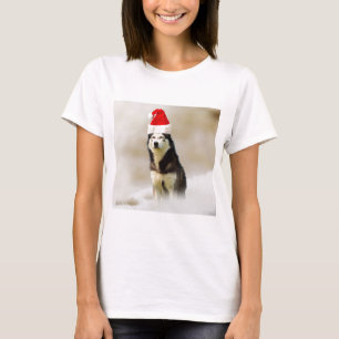 T-shirt Chien sibérien Husky avec chapeau de Santa Hat en 