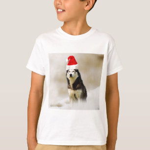 T-shirt Chien sibérien Husky avec chapeau de Santa Hat en
