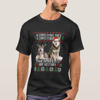 T-shirt Chien sibérien Husky de Noël Lumières d'arbre Chie