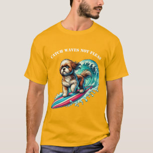T-shirt Chien surf avec un Surfboard chevauchant une grand