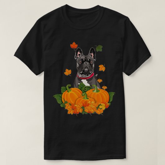T-shirt Chien-taureaux français noir Thanksgiving Citrouil (Design devant)