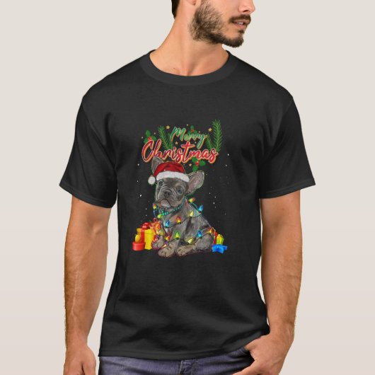 T-shirt Chien-taureaux français Santa Hat Noël Arbre Lumiè (Devant)
