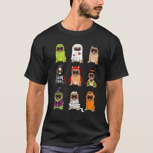 T-shirt Chiens de Carlin d'Halloween joyeux et mignons (Devant)