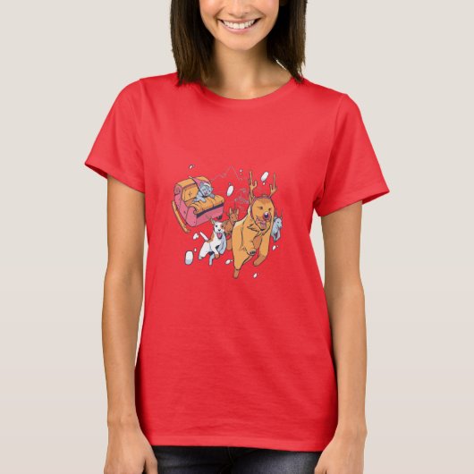T-shirt Chiens de Noël et traîneau de chat (Devant)