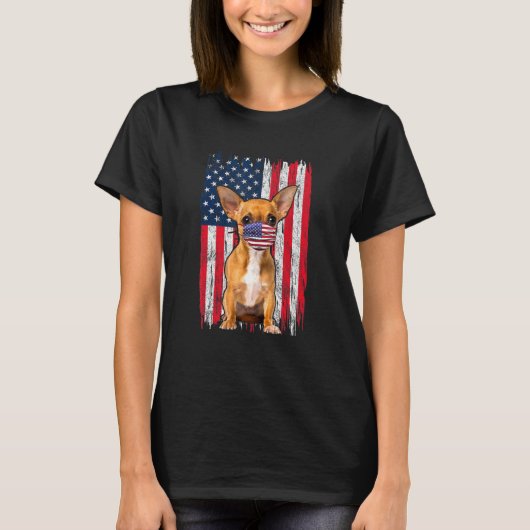 T-shirt Chihuahua American Flag Dog Wears Visage Mask 4th  (Devant)