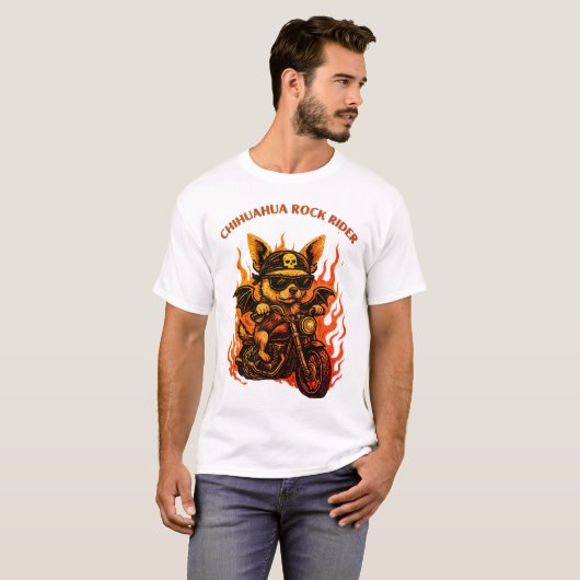 T-shirt Chihuahua Biker Chig sur moto avec flammes (Devant entier)