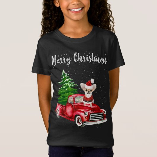 T-Shirt Chihuahua équitation Camion Rouge Joyeux Noël Chie (Devant)