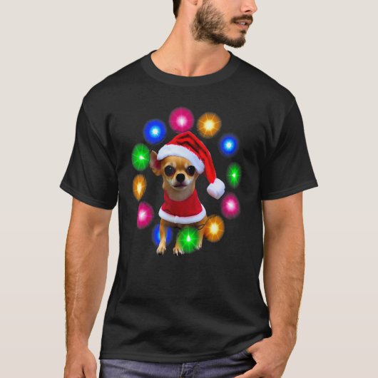 T-shirt Chihuahua Puppy Christmas Lights Santa Hat (Devant)
