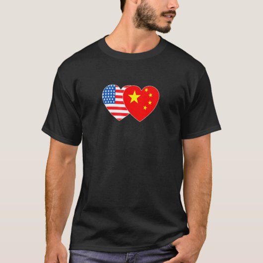 T-shirt China and USA Flag Twin Heart for Chinese American (Devant)