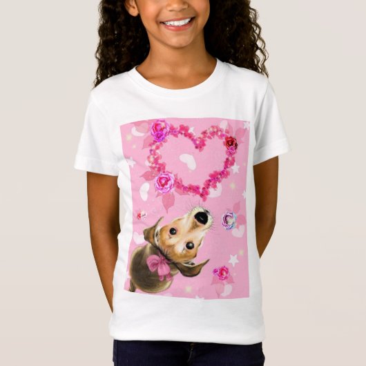T-Shirt Chiot Avec Ruban Rose - Amour - (Devant)