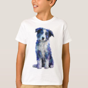 T-shirt Chiots Border Collie Peints en Bleu pour Enfants