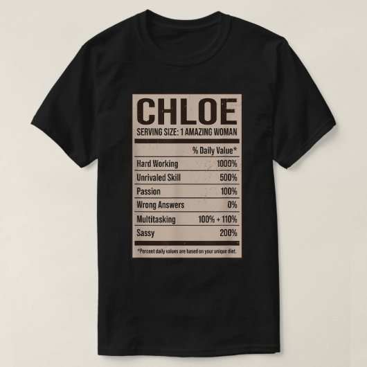 T-shirt Chloe Nutrition Facts Nom Pseudo Alias Titre Fr (Design devant)