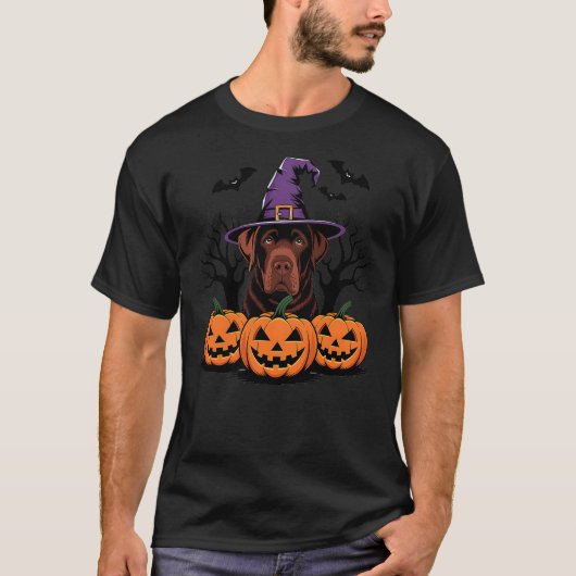 T-shirt Chocolate Labrador Dog Halloween Witch Hat Spooky  (Devant)