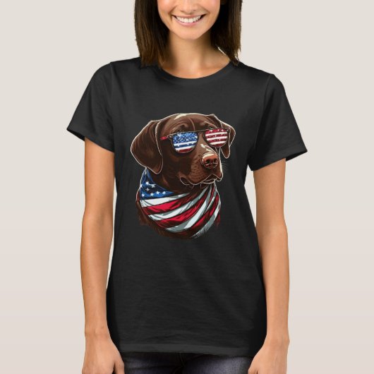 T-shirt Chocolate Labrador With USA Sunglasses And Flag (Devant)