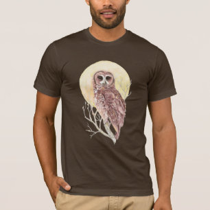 T-shirt Chouette dans l'arbre avec lune Aquarelle Oiseau,
