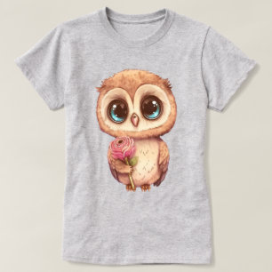 T-shirt Chouette de dessin animé adorable tenant une rose