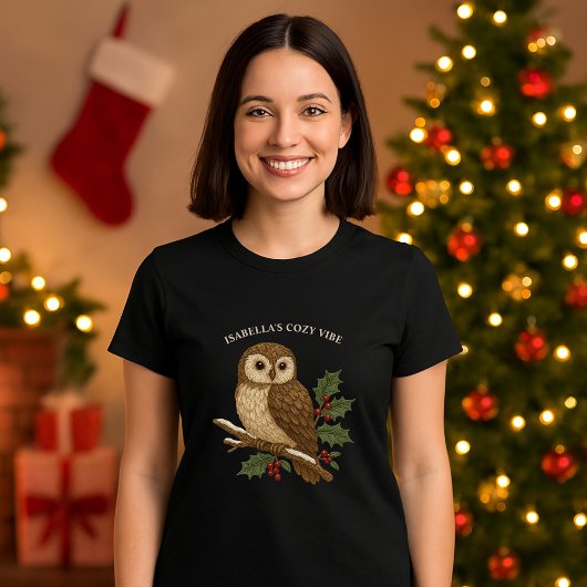 T-shirt Chouette de Noël brodée rustique avec Holly noir