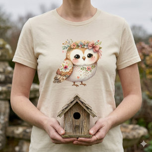 T-shirt Chouette Florale Mignonne avec un Nœud